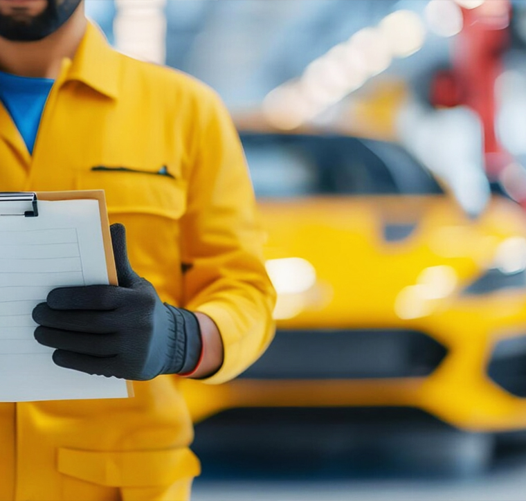 A person in a yellow uniform holding a clipboard and pen in front of a yellow car, representing official vehicle safety checks.