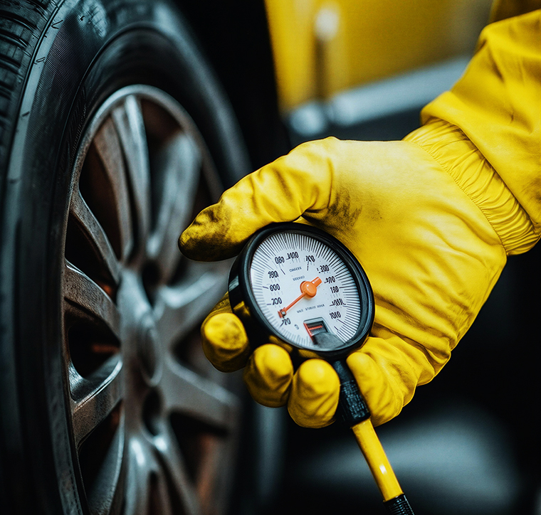 Detailed tire safety inspection showing a pressure gauge reading to ensure optimal vehicle performance.