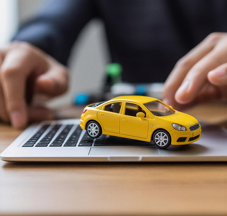 A yellow car on a laptop keyboard, representing online taxi booking and ride-share technology.