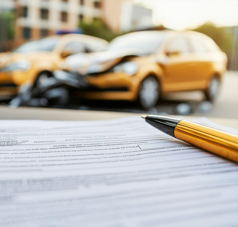 A pen resting on a legal claim form with a blurred image of a car accident in the background, representing insurance claim processing.
