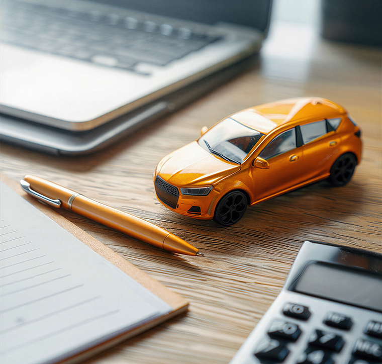 Close-up of a golden model car on a desk with a pen and calculator, symbolizing vehicle tax and legal paperwork.