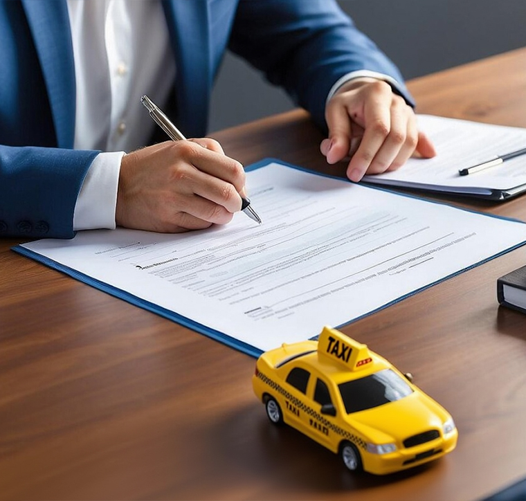 A close-up of a professional in a blue suit signing a taxi service contract, with a yellow model taxi in the foreground representing fleet registration and driver agreements.