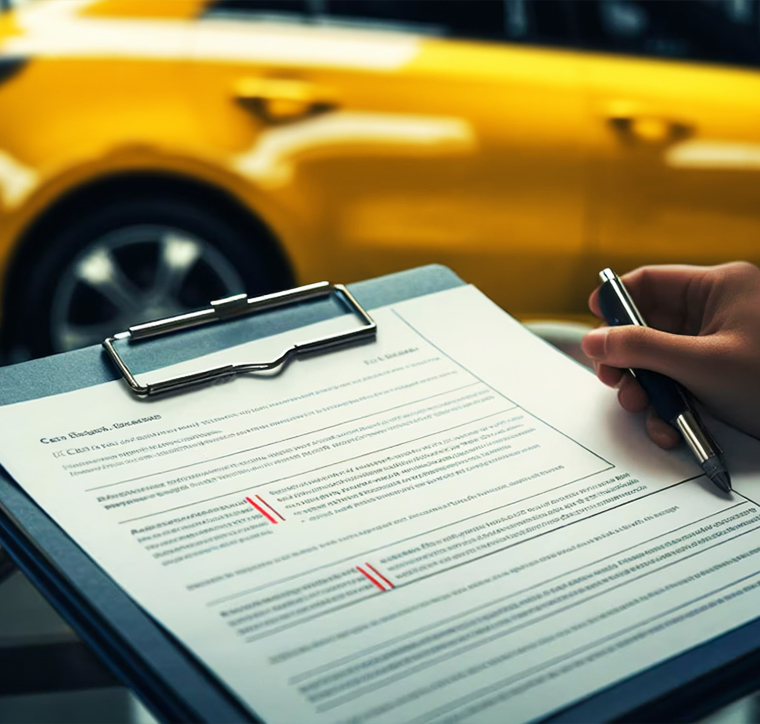 Close-up of a person reviewing a vehicle service contract or legal claim form on a clipboard.
