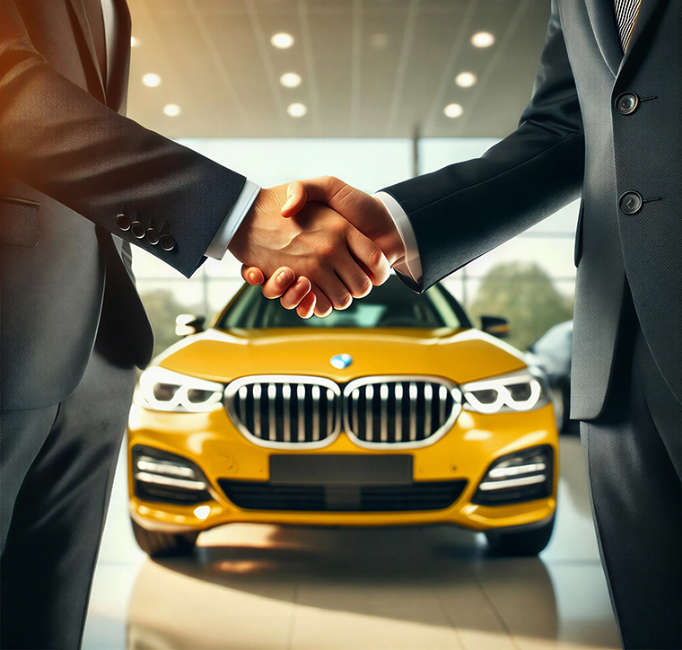 Close-up of a handshake between professionals in a car showroom, representing trust and automotive business deals.