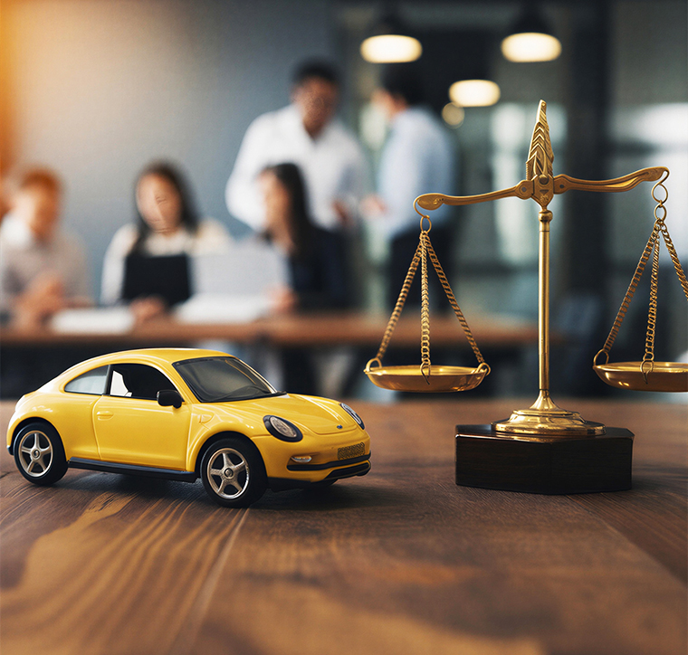 Concept of car insurance law and legal settlements, featuring a miniature yellow car and balance scales.