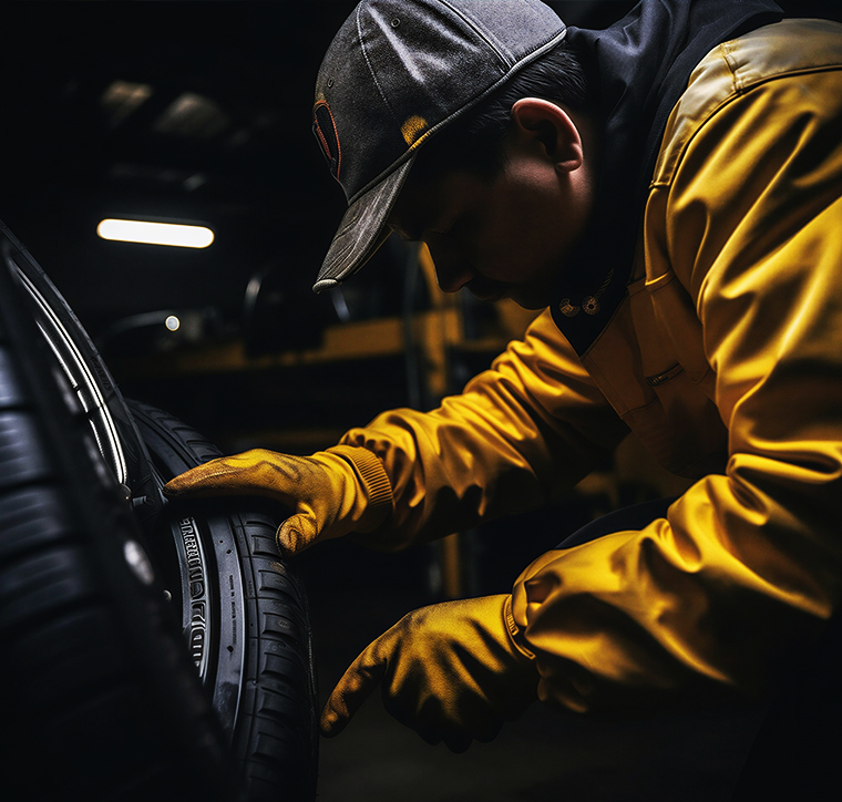 Auto technician performing a detailed tire safety inspection and maintenance service.