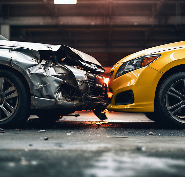 A close-up of a gold pen on an insurance claim form with a blurred car accident in the background, signifying the claims process.